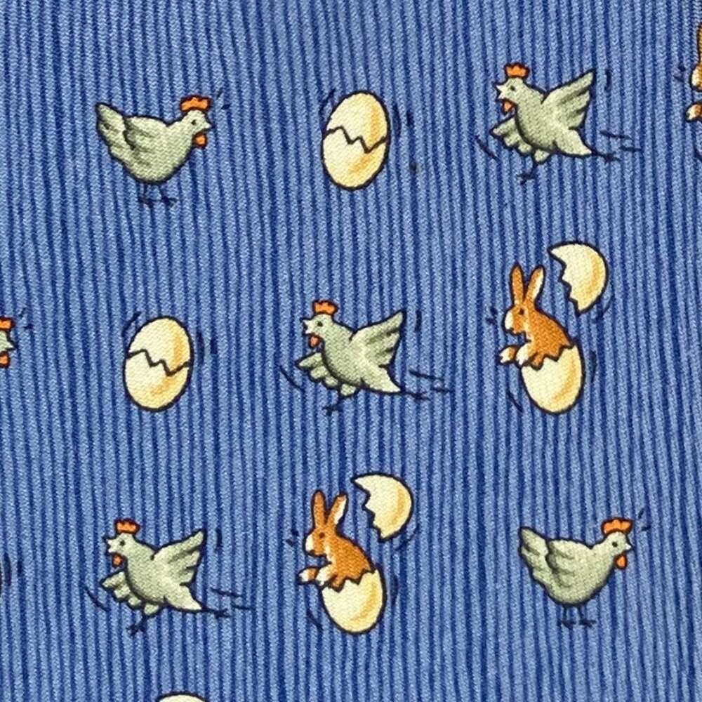 FUN HERMES TIE ~ LIGHTER BLUE WHIMSICAL TAN RABBITS & CHICKENS HATCHING EGGS XL